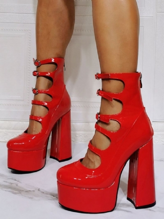 Botas Femininas Tornozelo Vermelho Salto Grosso Plataforma Cortada Fivela Detalhe Sandália