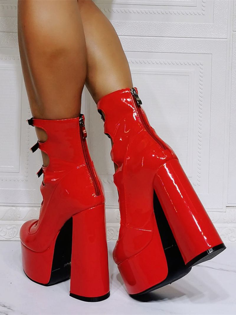 Botas Femininas Tornozelo Vermelho Salto Grosso Plataforma Cortada Fivela Detalhe Sandália - Vermelho