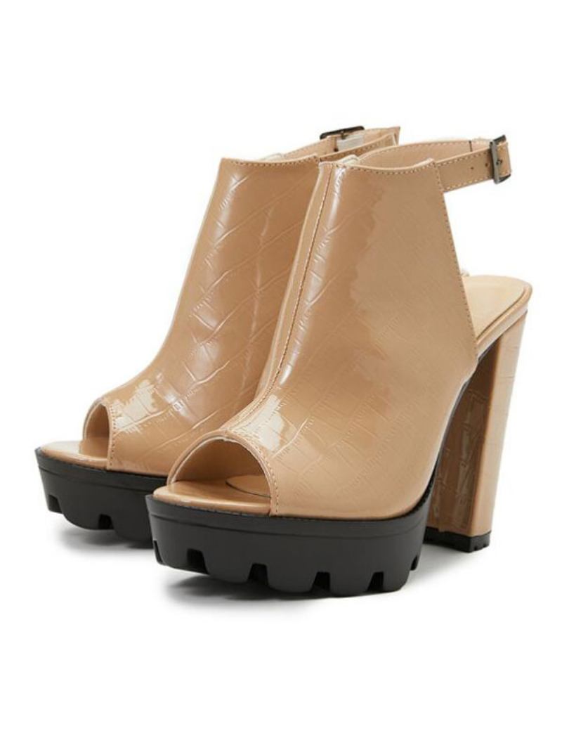 Botas Femininas Verão Com Salto Grosso Peep Toe Couro Pu Preto Estilingue - Amarelo Claro