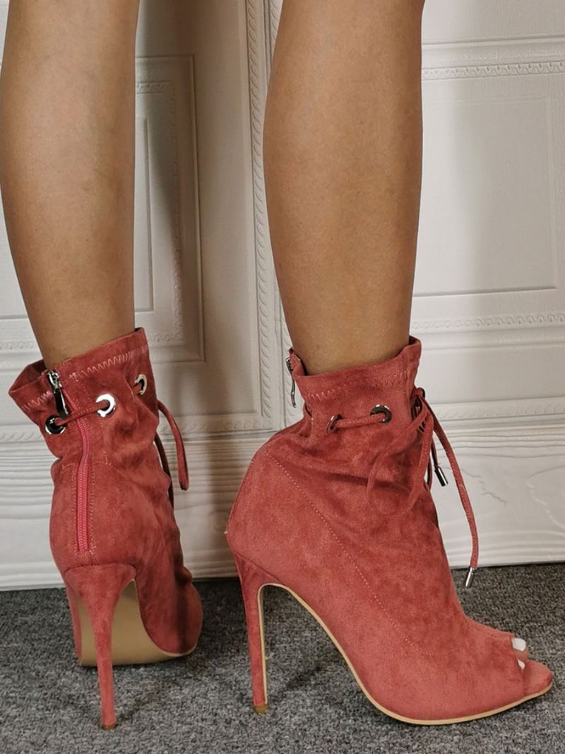 Botas Femininas Verão Coral Com Salto Agulha Peep Toe Casuais Alto - Coral