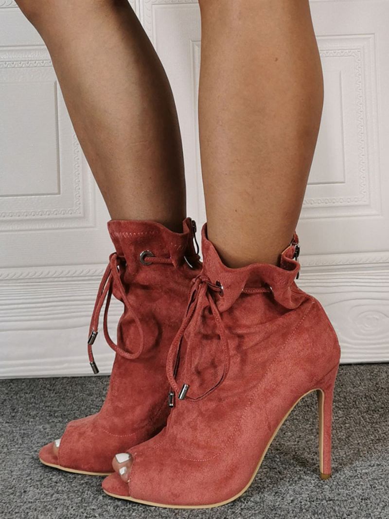 Botas Femininas Verão Coral Com Salto Agulha Peep Toe Casuais Alto - Coral