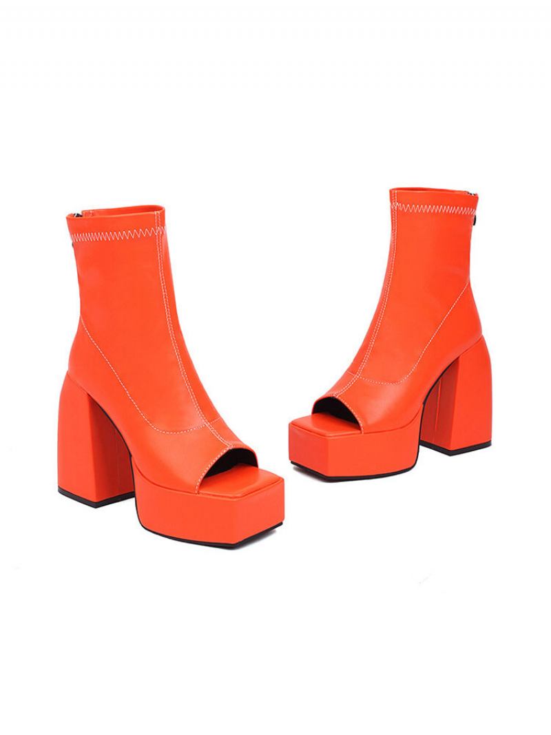 Botas Femininas Verão Peep Toe Com Plataforma E Salto Grosso - Laranja