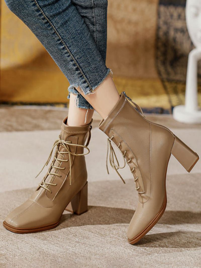 Botas Femininas Vintage Tornozelo Suqare Toe Com Cadarço E Salto Grosso