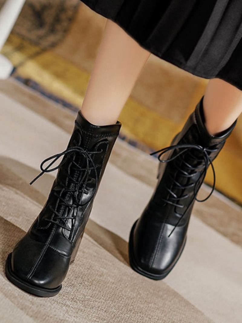 Botas Femininas Vintage Tornozelo Suqare Toe Com Cadarço E Salto Grosso - Preto