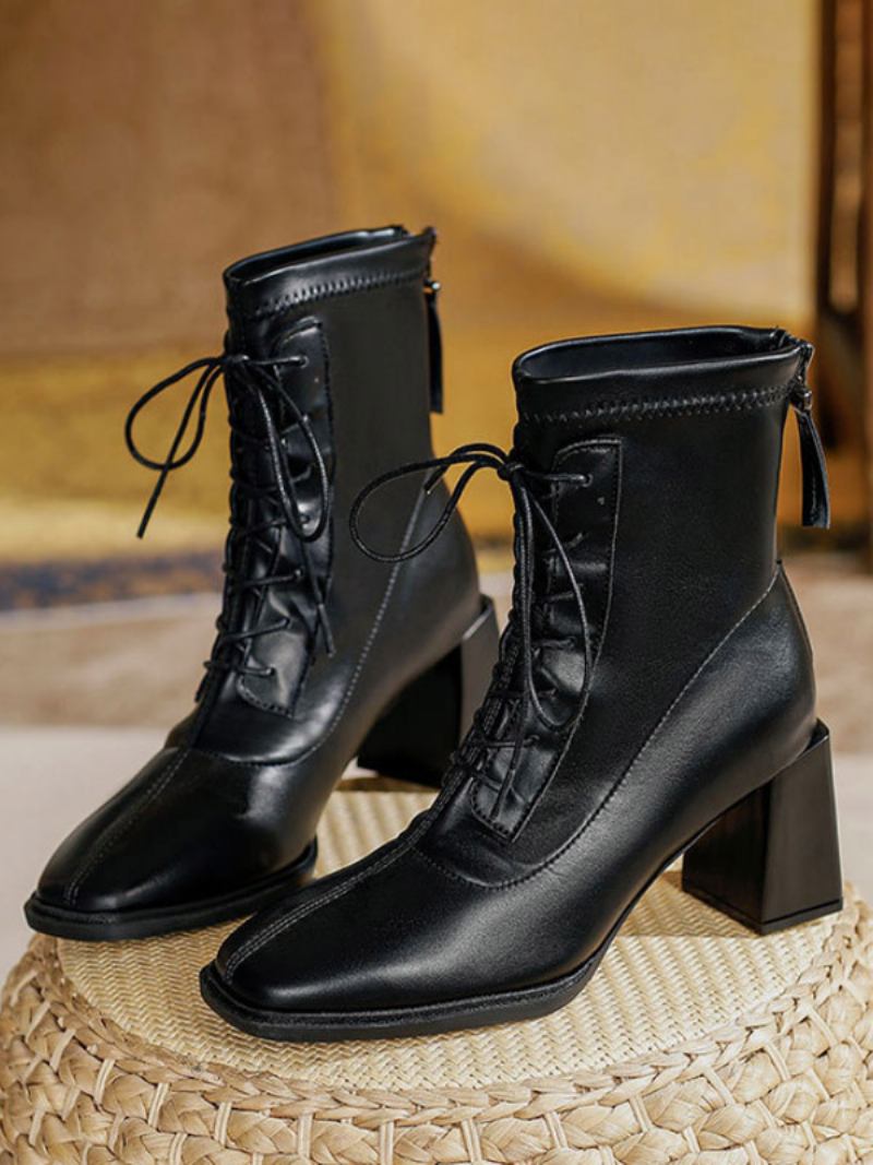 Botas Femininas Vintage Tornozelo Suqare Toe Com Cadarço E Salto Grosso - Preto