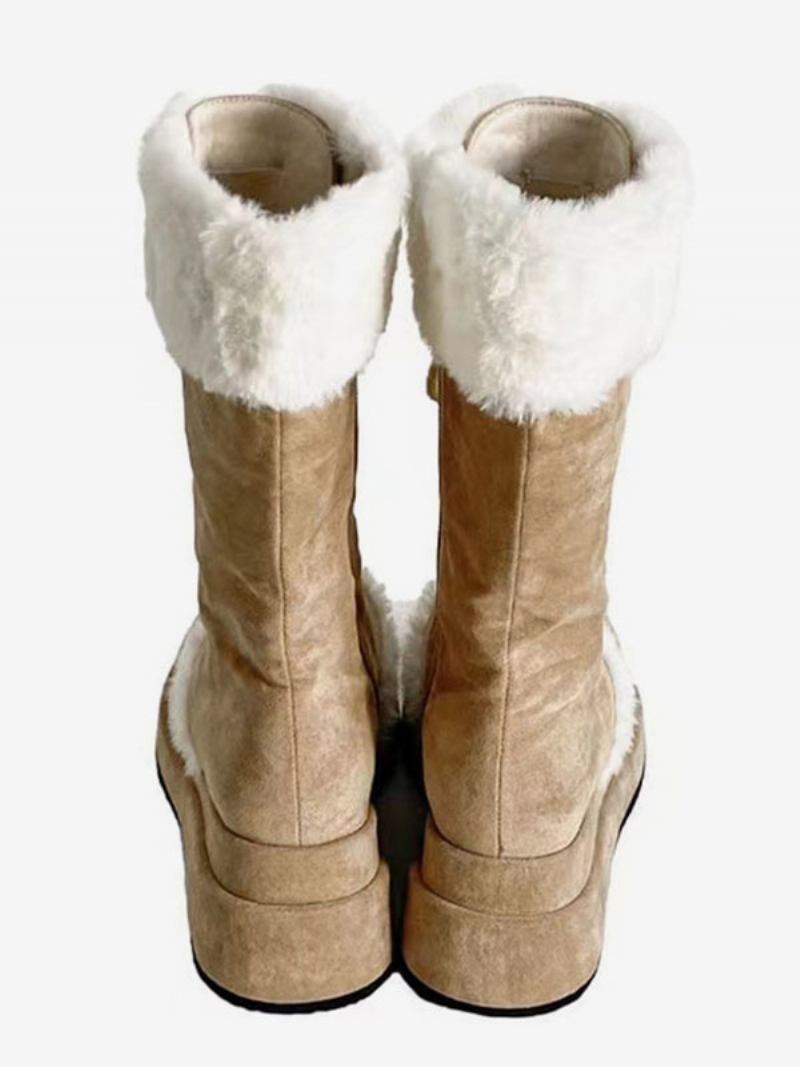 Botas Inverno Femininas Com Bico Redondo E Micro Camurça - Cáqui