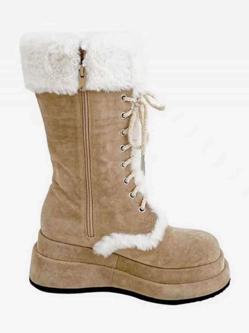 Botas Inverno Femininas Com Bico Redondo E Micro Camurça - Cáqui