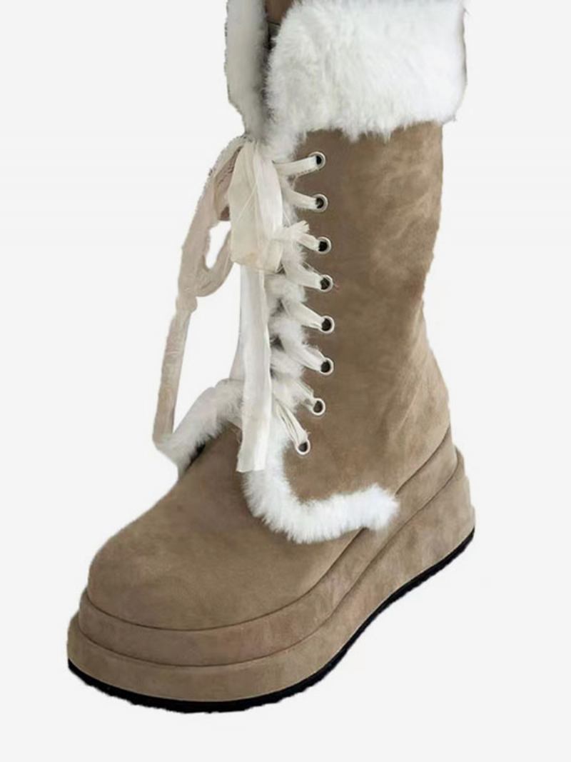 Botas Inverno Femininas Com Bico Redondo E Micro Camurça - Cáqui