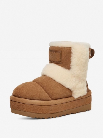 Botas Inverno Femininas Marrom Redondo Bico Curto Neve Com Detalhes Pelúcia