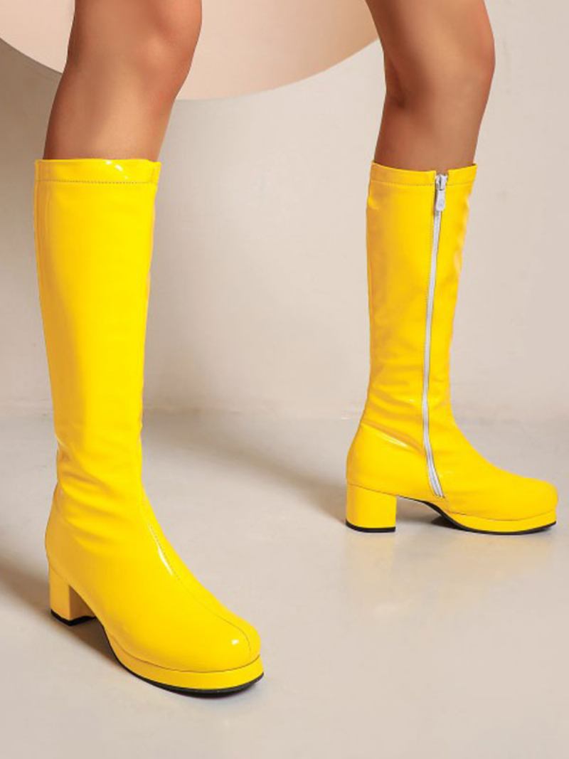 Botas Lolita Femininas Couro Com Bico Redondo E Calçado Brilhante - Amarelo