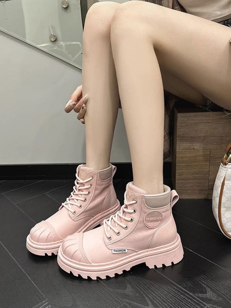 Botas Martin Femininas Com Bico Redondo E Salto Grosso - Rosa