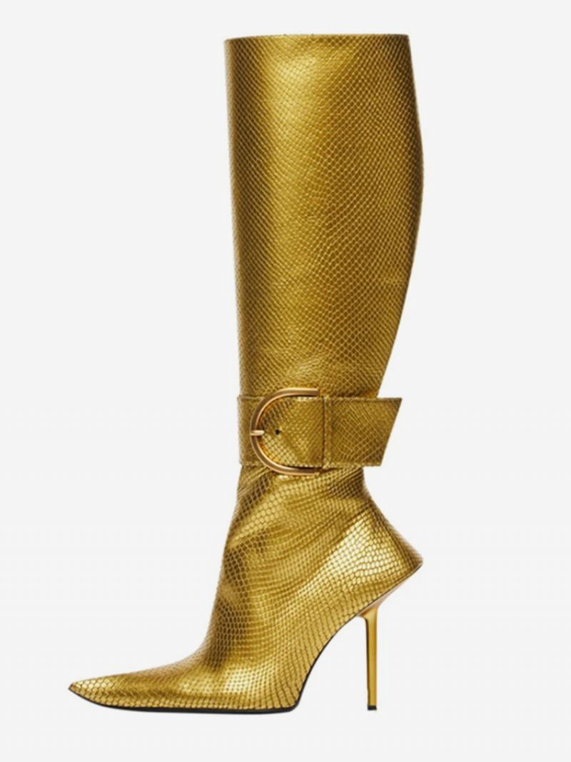 Botas Metálicas Suaves Panturrilha Femininas Com Fivela Roxa Bico Fino Salto Agulha - Ouro