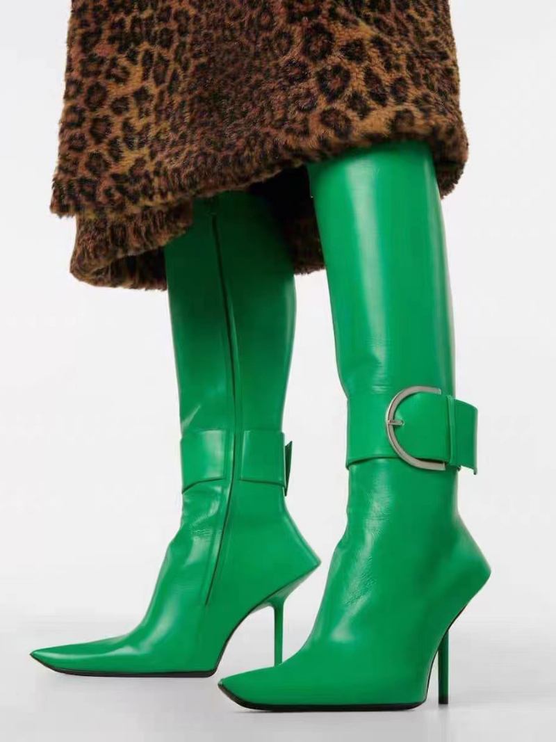 Botas Metálicas Suaves Panturrilha Femininas Com Fivela Roxa Bico Fino Salto Agulha - Verde