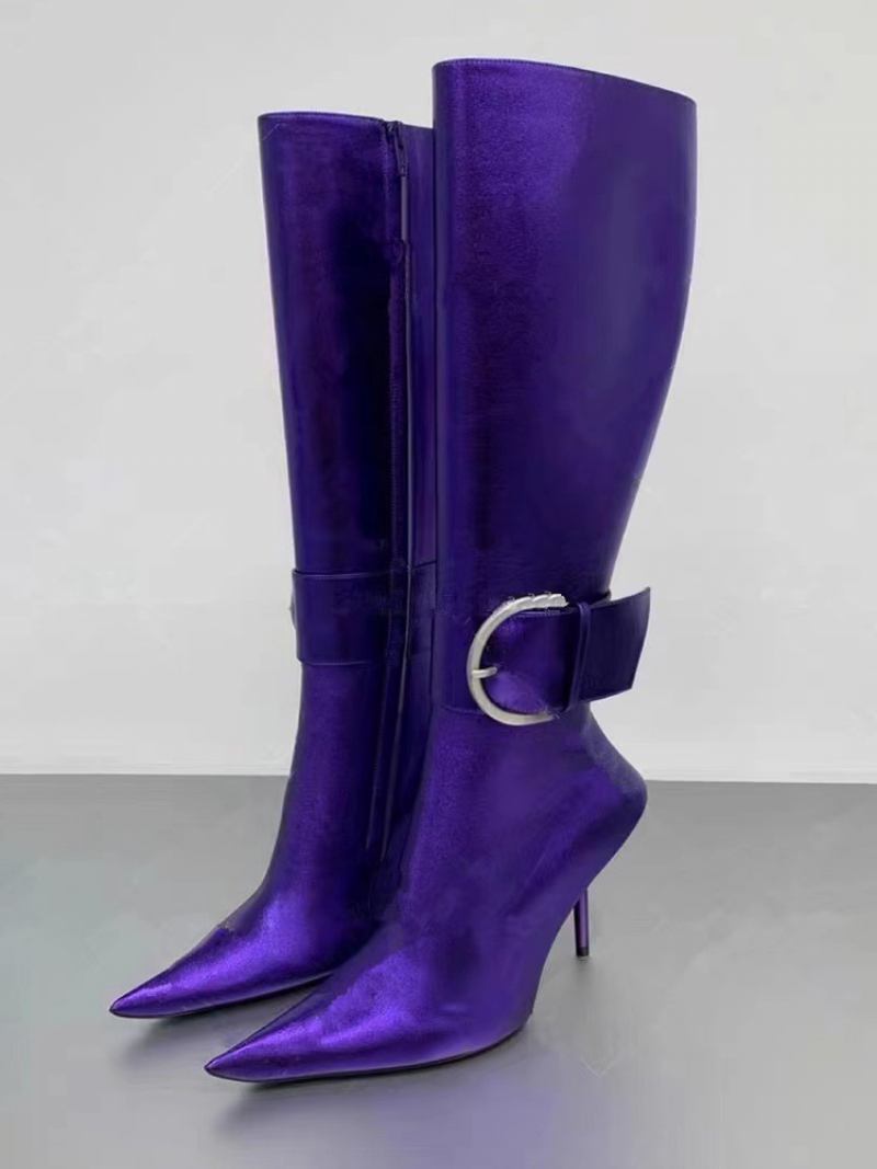 Botas Metálicas Suaves Panturrilha Femininas Com Fivela Roxa Bico Fino Salto Agulha - Roxo Real