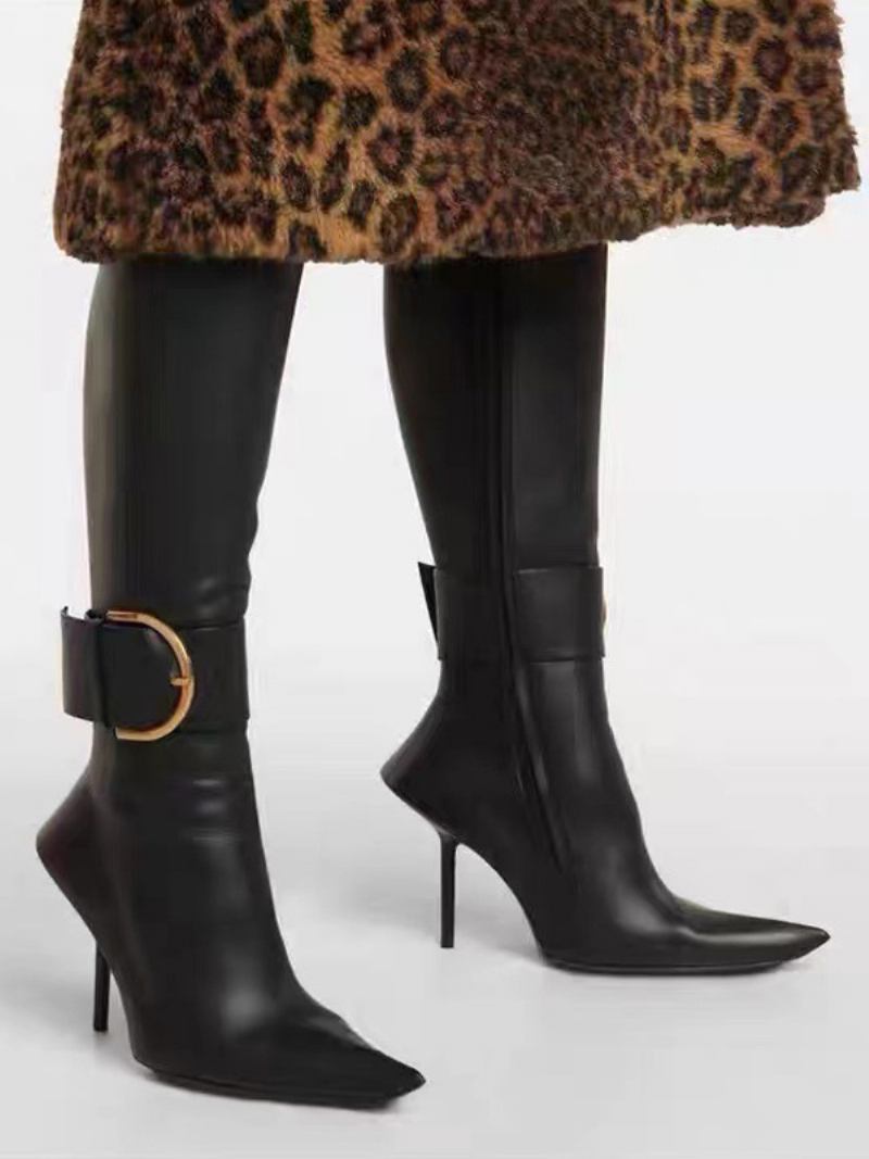 Botas Metálicas Suaves Panturrilha Femininas Com Fivela Roxa Bico Fino Salto Agulha - Preto