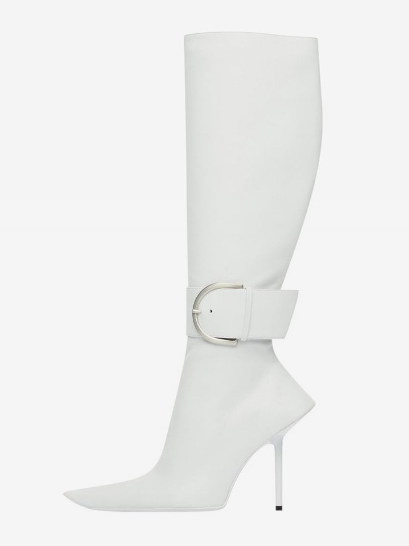 Botas Metálicas Suaves Panturrilha Femininas Com Fivela Roxa Bico Fino Salto Agulha - Branco