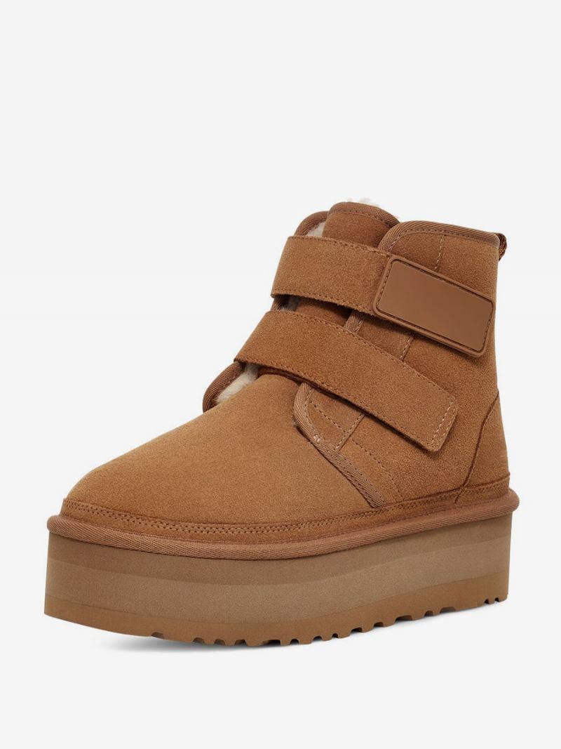 Botas Neve Femininas Marrons Camurça Bico Redondo Plataforma Velcro Detalhe Inverno