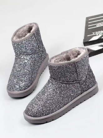 Botas Neve Prateadas Femininas Com Glitter Redondo Bico Curto Inverno Pelúcia