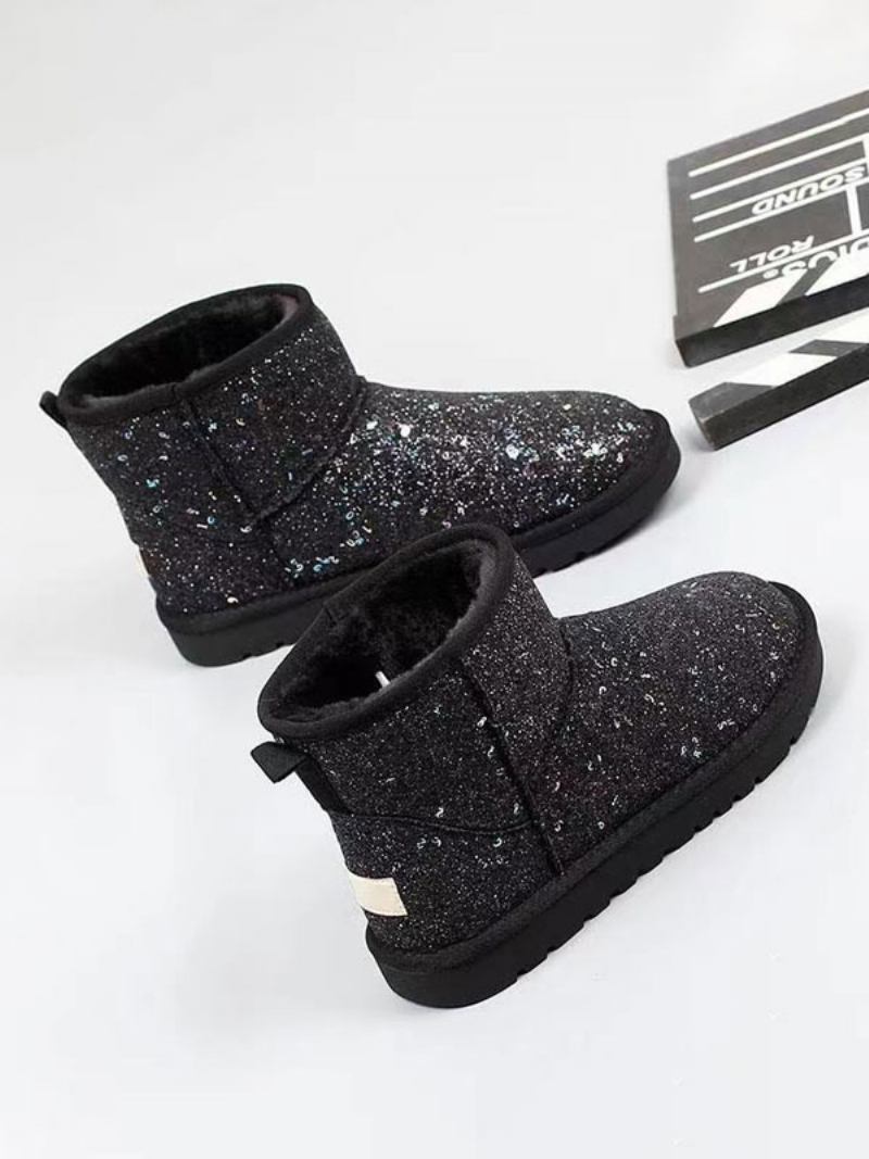 Botas Neve Prateadas Femininas Com Glitter Redondo Bico Curto Inverno Pelúcia - Preto