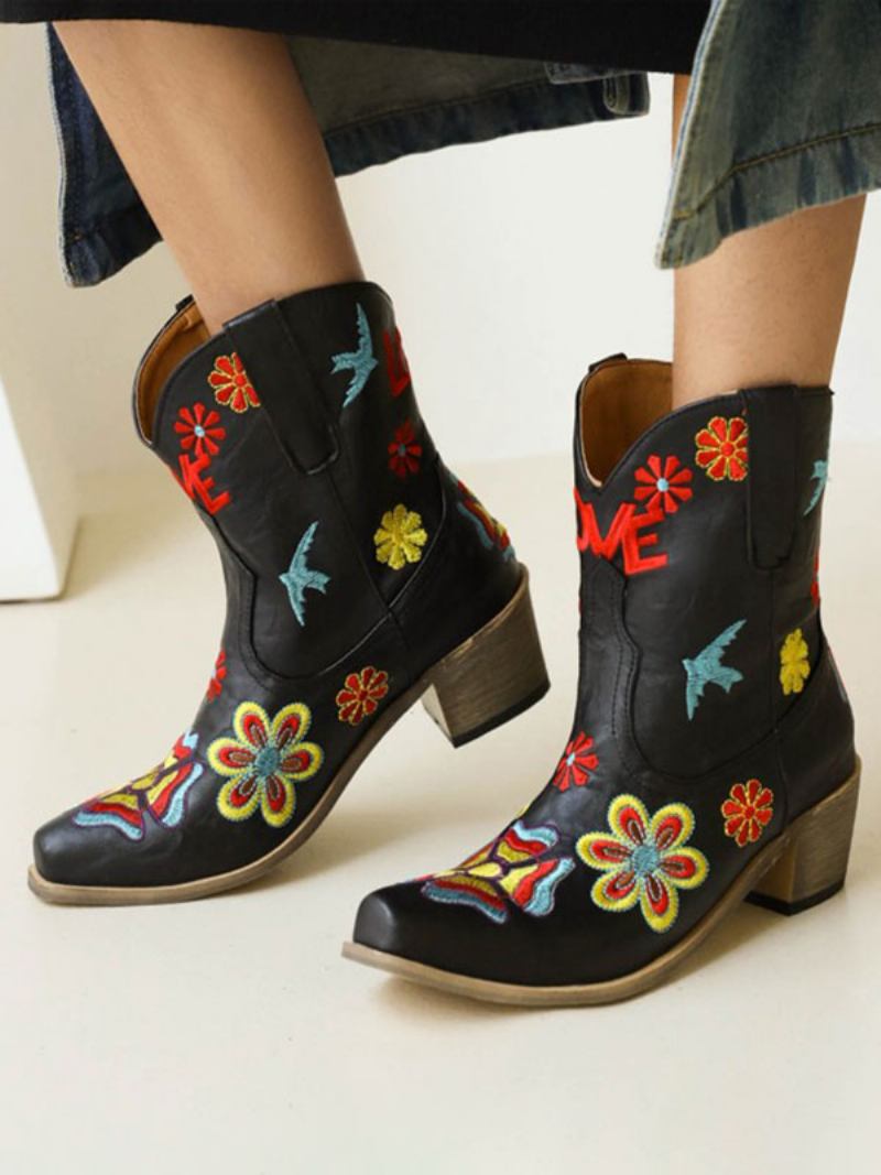 Botas Ocidentais Femininas Com Bico Fino E Flores Bordadas Cowboy