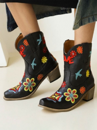 Botas Ocidentais Femininas Com Bico Fino E Flores Bordadas Cowboy