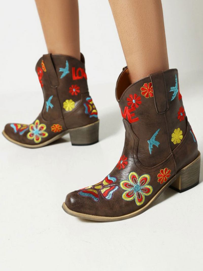 Botas Ocidentais Femininas Com Bico Fino E Flores Bordadas Cowboy - Marrom Profundo