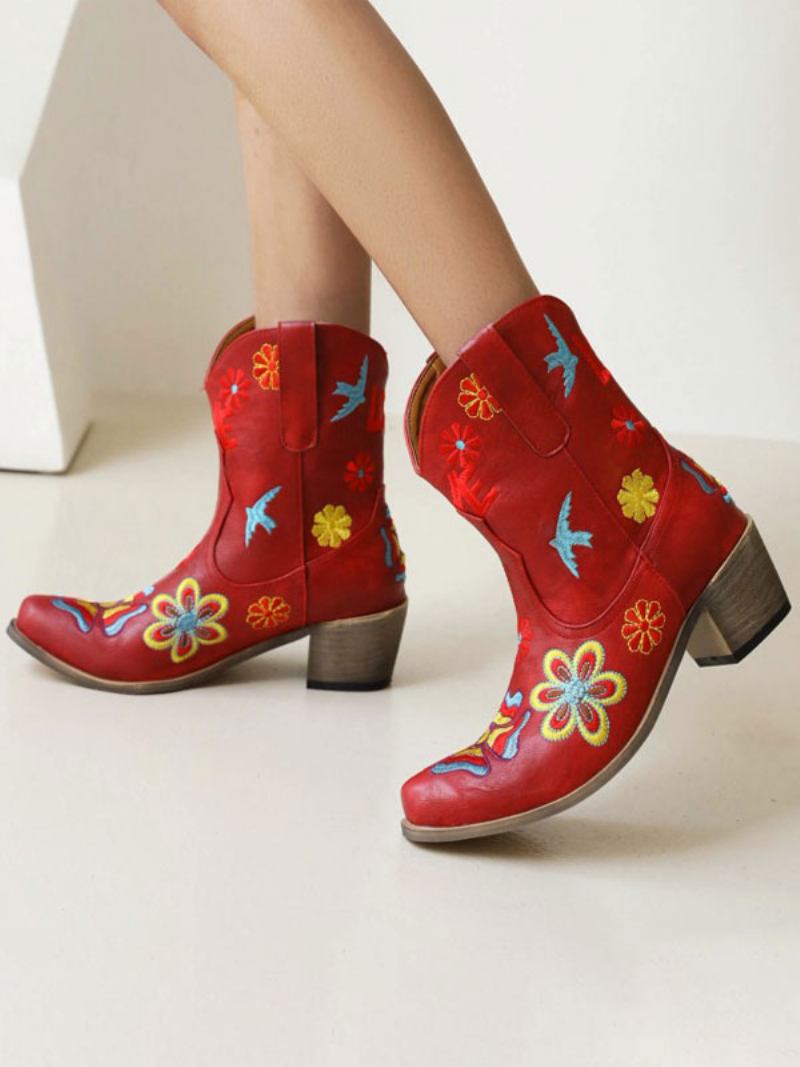 Botas Ocidentais Femininas Com Bico Fino E Flores Bordadas Cowboy - Borgonha