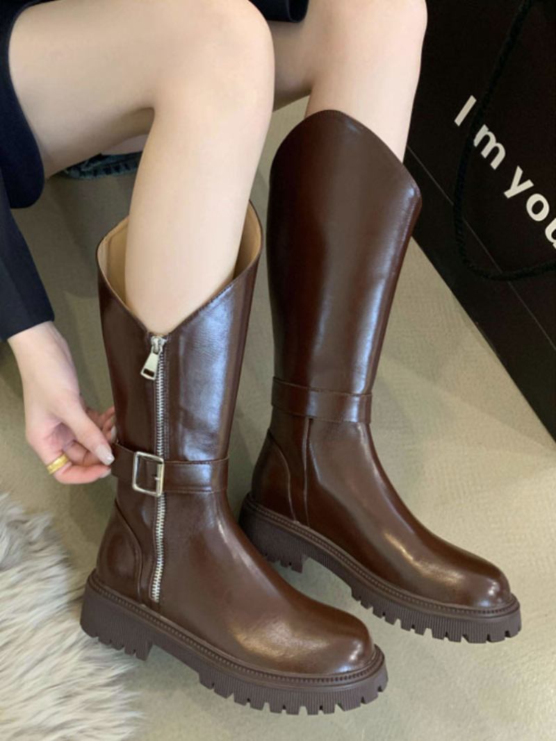 Botas Planas Pretas Femininas Com Fivela Bico Redondo E Médias Panturrilha - Castanho Profundo