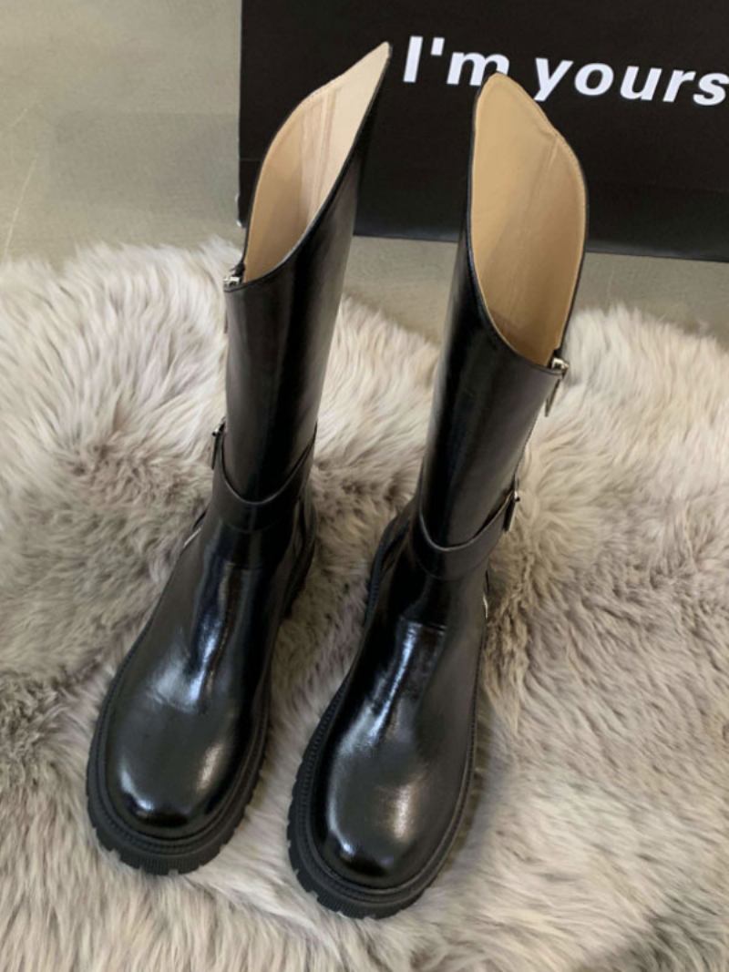 Botas Planas Pretas Femininas Com Fivela Bico Redondo E Médias Panturrilha - Preto