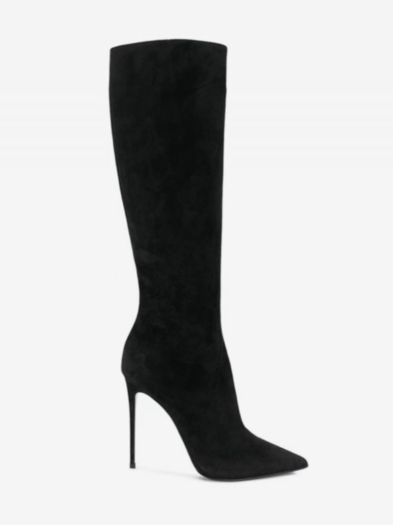 Botas Pretas Cano Alto Femininas Camurça Bico Fino Salto - Preto