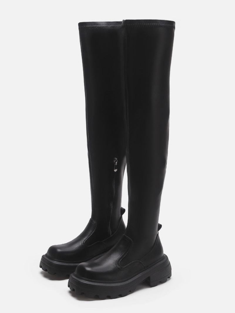 Botas Pretas Cano Alto Femininas Com Bico Redondo E Planas