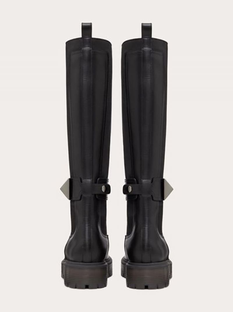 Botas Pretas Cano Alto Femininas Com Detalhe Rebite Na Altura Do Joelho Chelsea - Pu Preto