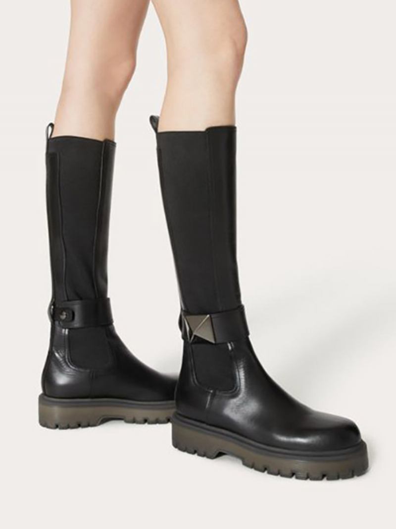 Botas Pretas Cano Alto Femininas Com Detalhe Rebite Na Altura Do Joelho Chelsea - Pu Preto