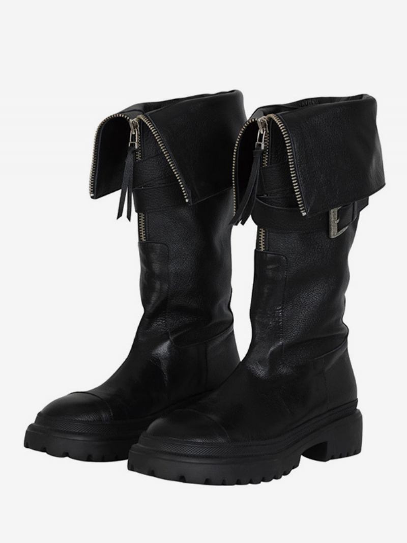 Botas Pretas Cano Alto Femininas Com Fivela E Detalhes Flatt