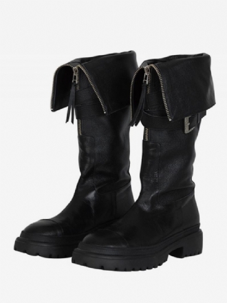 Botas Pretas Cano Alto Femininas Com Fivela E Detalhes Flatt