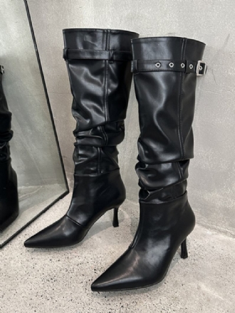 Botas Pretas Meia Panturrilha Femininas Bico Fino Salto Agulha Detalhe Com Fivela Alto Desleixadas