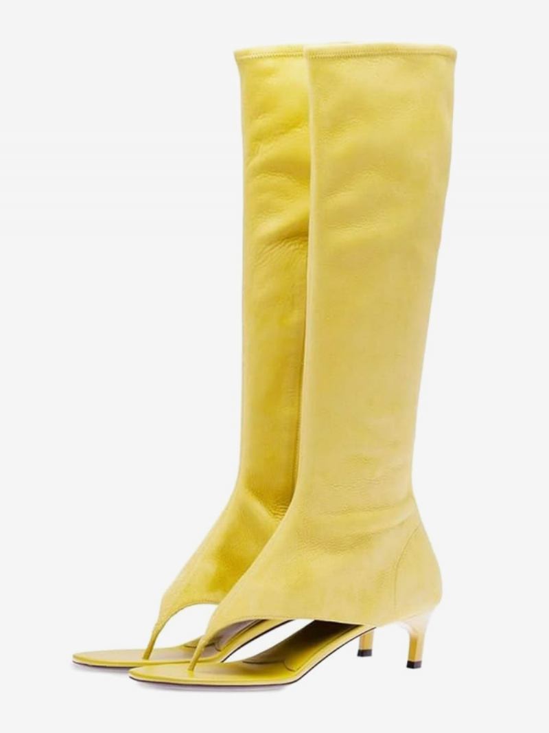 Botas Pretas Meia Panturrilha Femininas Com Bico Aberto E Sandália Salto Gatinho - Amarelo