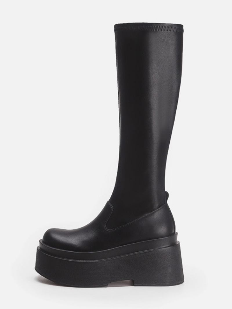 Botas Pretas Mid Claf Femininas Flatform Bico Redondo - Preto