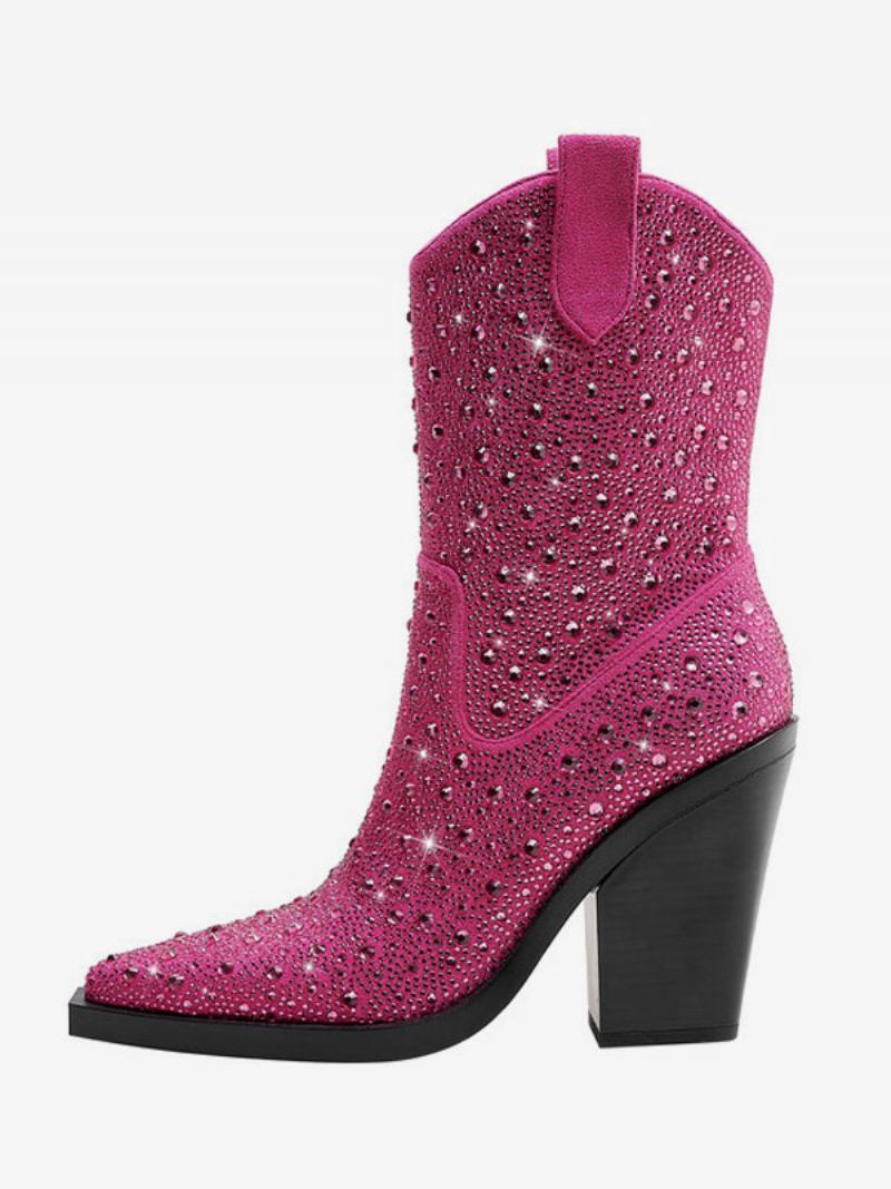 Botas Pretas Ocidentais Femininas Com Bico Fino E Salto Bloco Brilhante Cowboy - Rosa