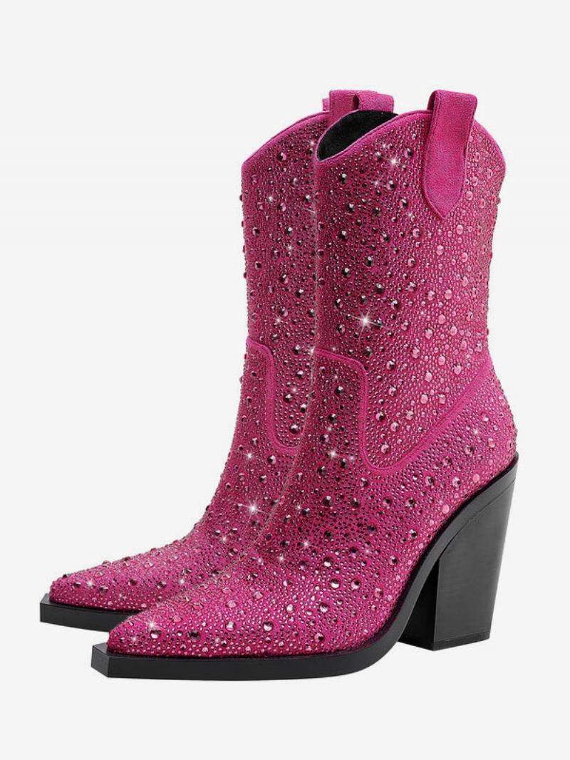 Botas Pretas Ocidentais Femininas Com Bico Fino E Salto Bloco Brilhante Cowboy - Rosa