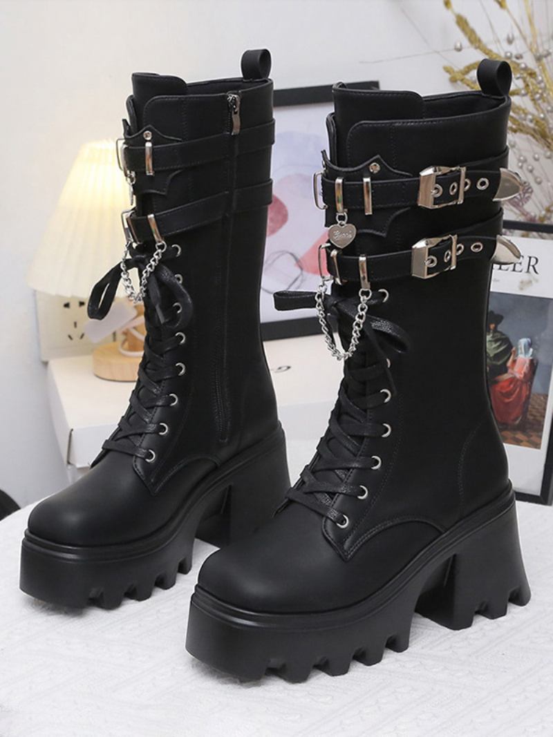 Botas Pretas Para Motocicleta Femininas Bico Redondo Fivela Detalhes Metal Salto Grosso Cano Médio - Preto