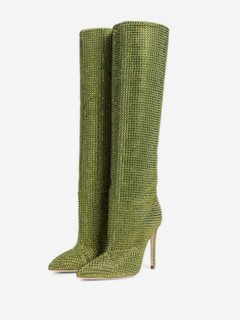 Botas Salto Alto Panturrilha Larga Mulheres Strass Apontou Toe Stiletto Joelho Altas Sexy Sapatos Festa - Verde