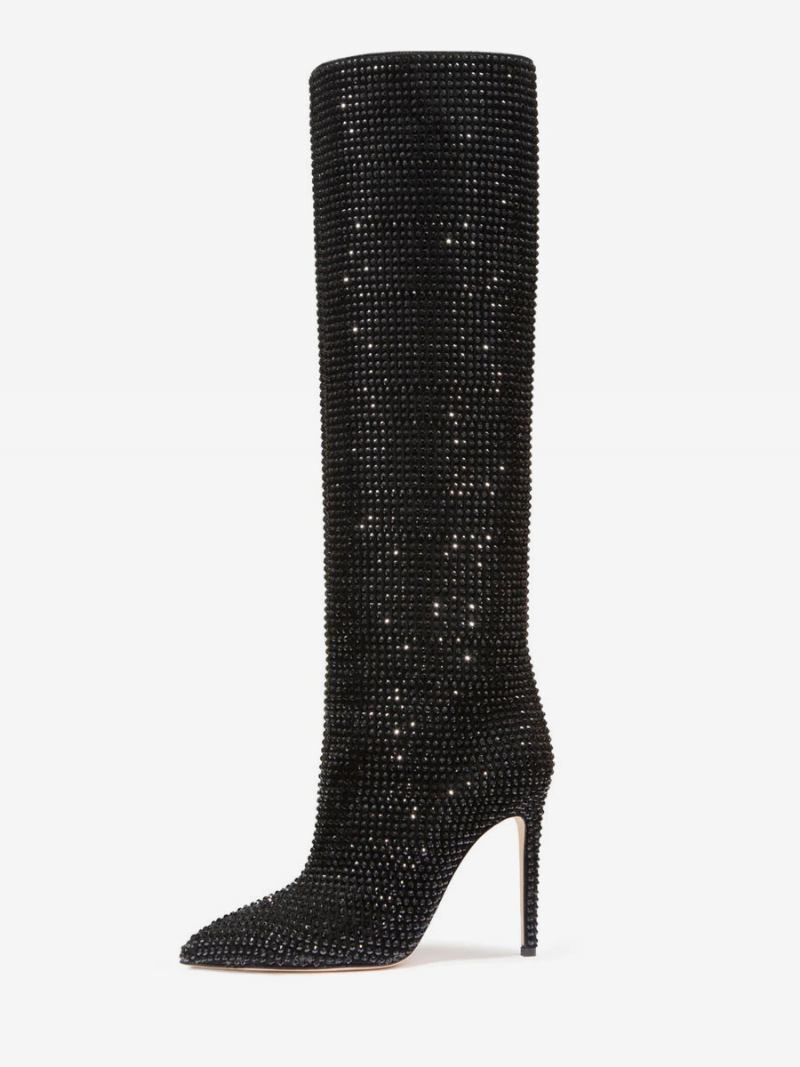 Botas Salto Alto Panturrilha Larga Mulheres Strass Apontou Toe Stiletto Joelho Altas Sexy Sapatos Festa - Preto