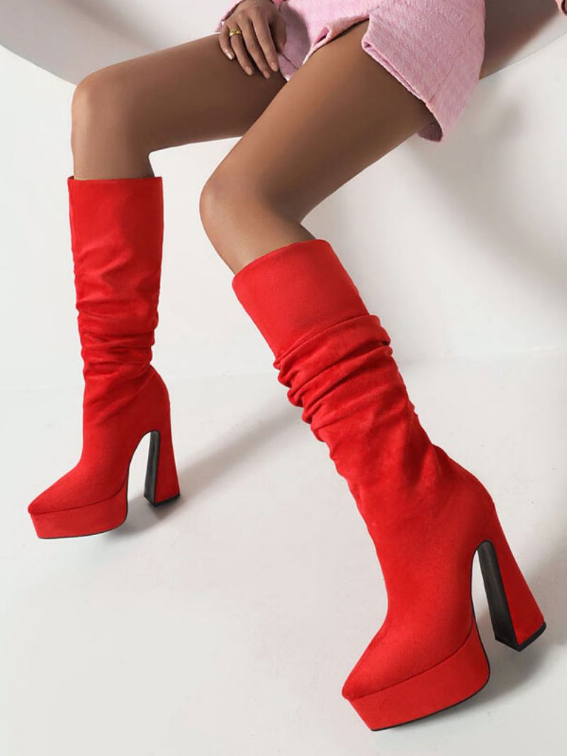 Botas Salto Alto Plataforma Camurça Bico Fino Grosso Panturrilha Média Para Mulheres - Vermelho