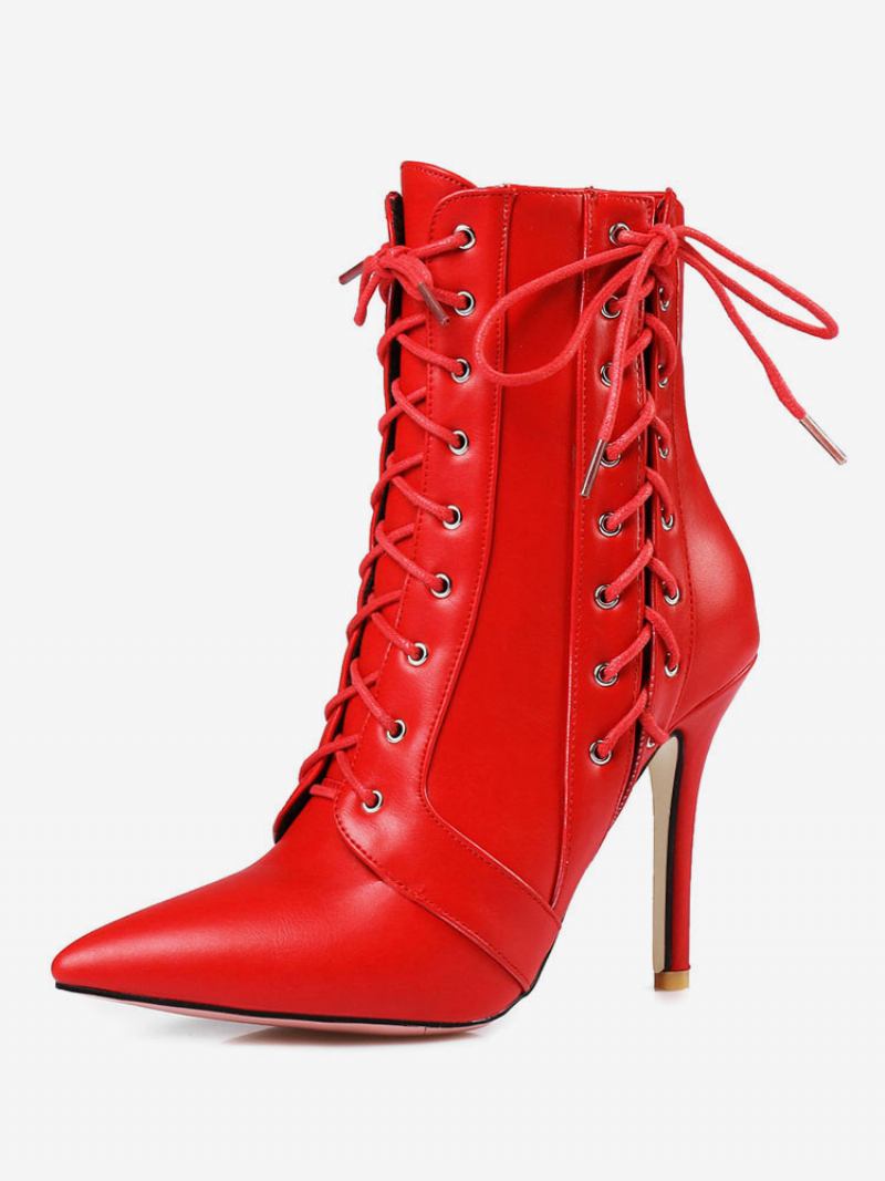 Botas Salto Alto Tornozelo Vermelho Apontou Toe Couro Brilhante Rendas Até Para Mulher