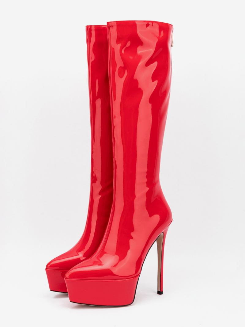 Botas Sexy Prateadas Plataforma Bico Fino Salto Agulha Panturrilha Média Para Mulheres - Vermelho