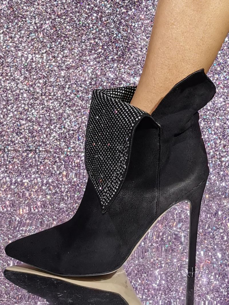 Botas Tornozelo Femininas Camurça Curta Pelúcia Apontou Toe Strass - Preto