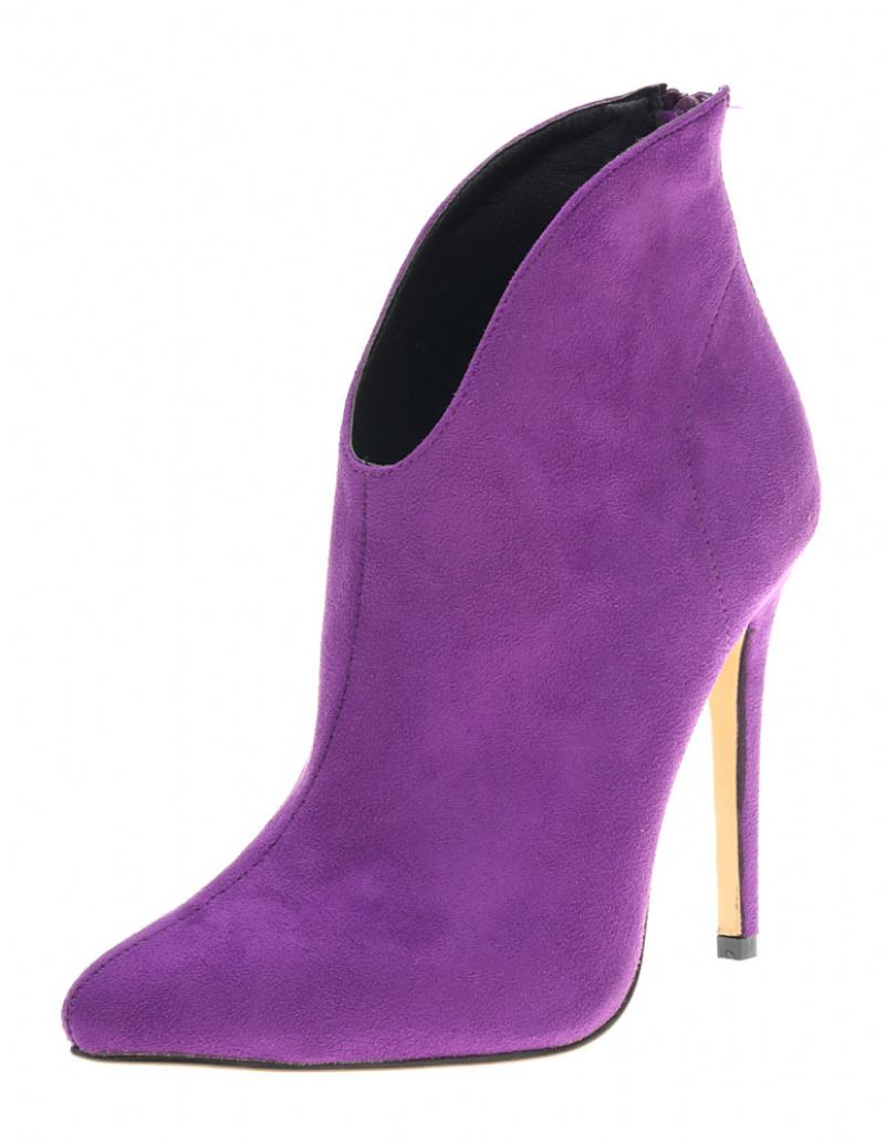 Botas Tornozelo Femininas Camurça Salto Alto Apontou Toe Com Zíper Para Mulher - Roxo