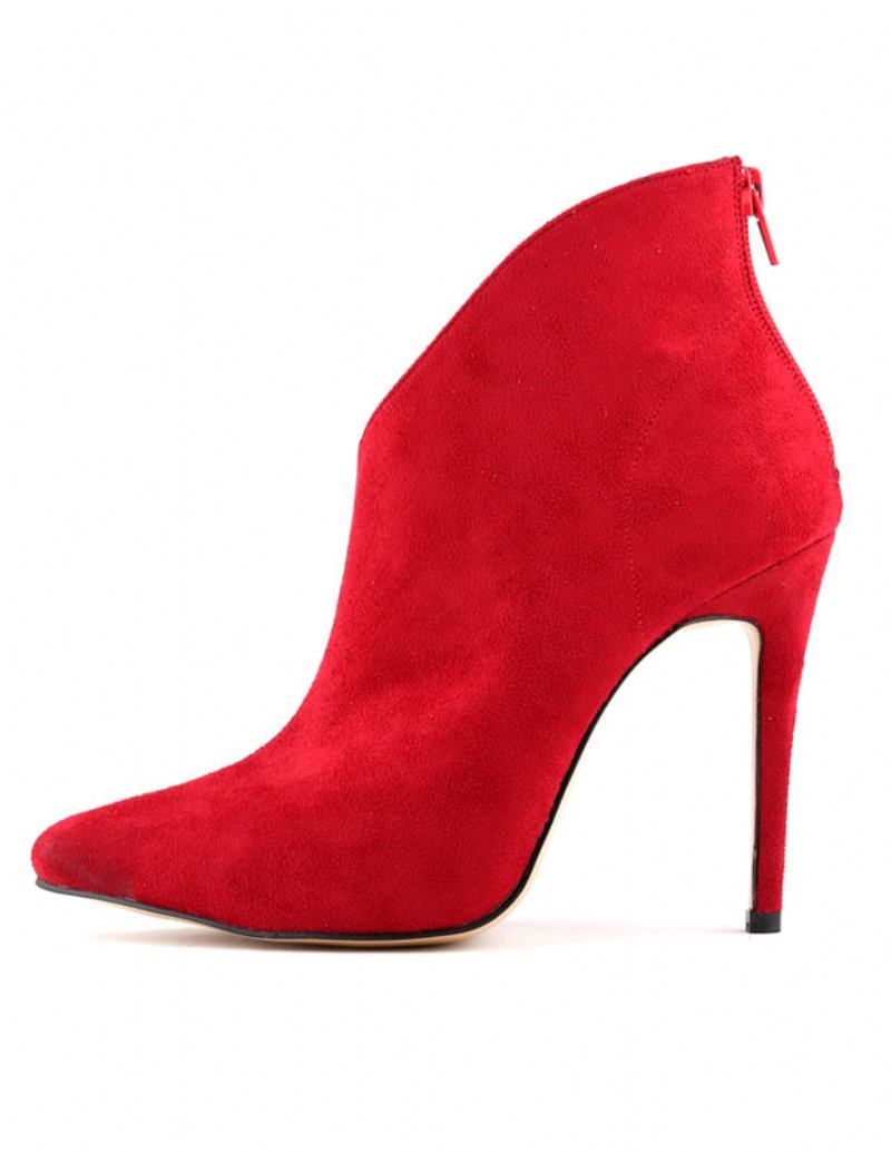 Botas Tornozelo Femininas Camurça Salto Alto Apontou Toe Com Zíper Para Mulher - Vermelho