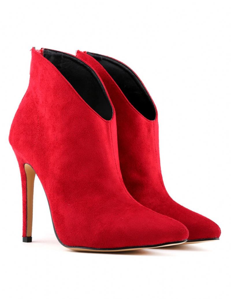 Botas Tornozelo Femininas Camurça Salto Alto Apontou Toe Com Zíper Para Mulher - Vermelho